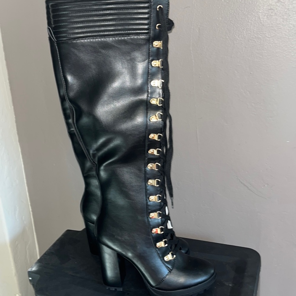 Black Tall Faux Leather Lace Up Chunky Heel Boots